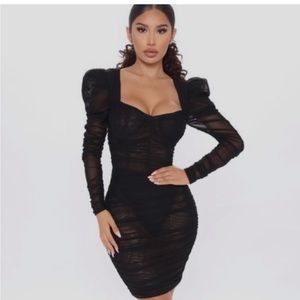 Mesh rushed mini black dress